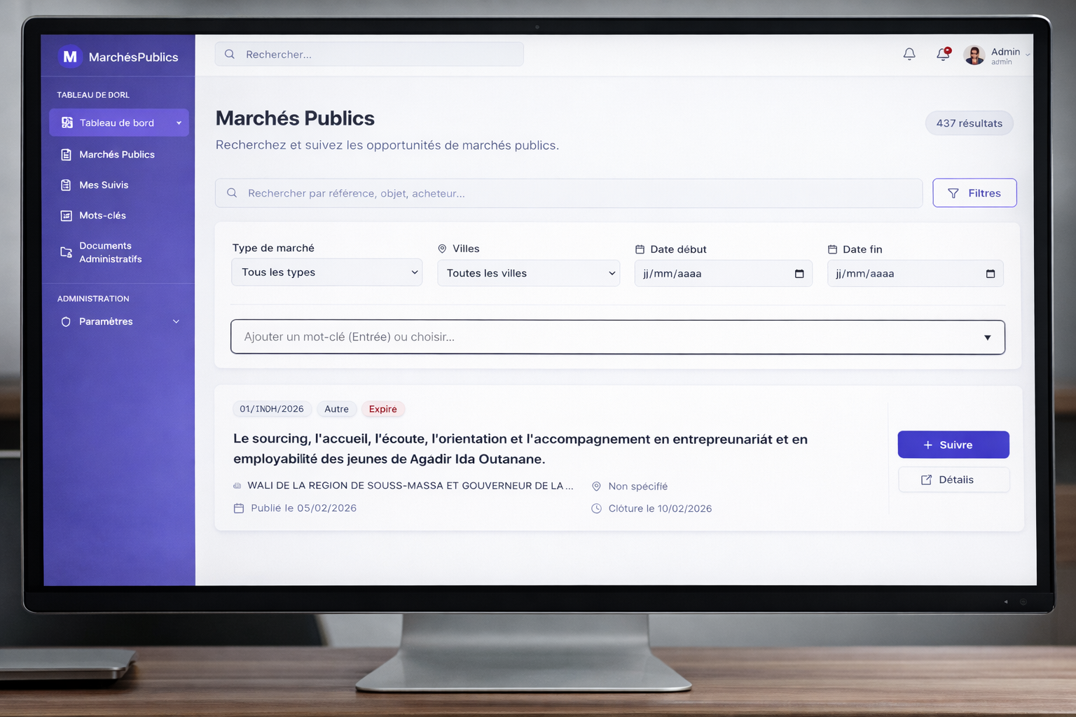 Liste des marchés publics dans MarchePro